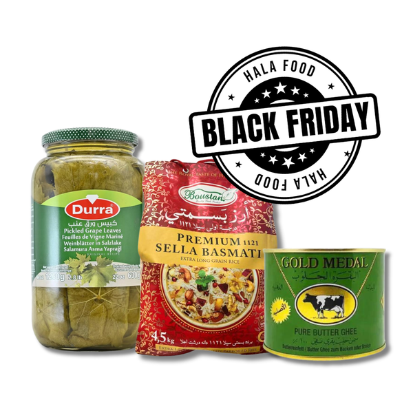 Premium-Basmatireis Sella 1121 + eingelegte Weinblätter + Ghee aus Kuhmilch – Sonderangebot